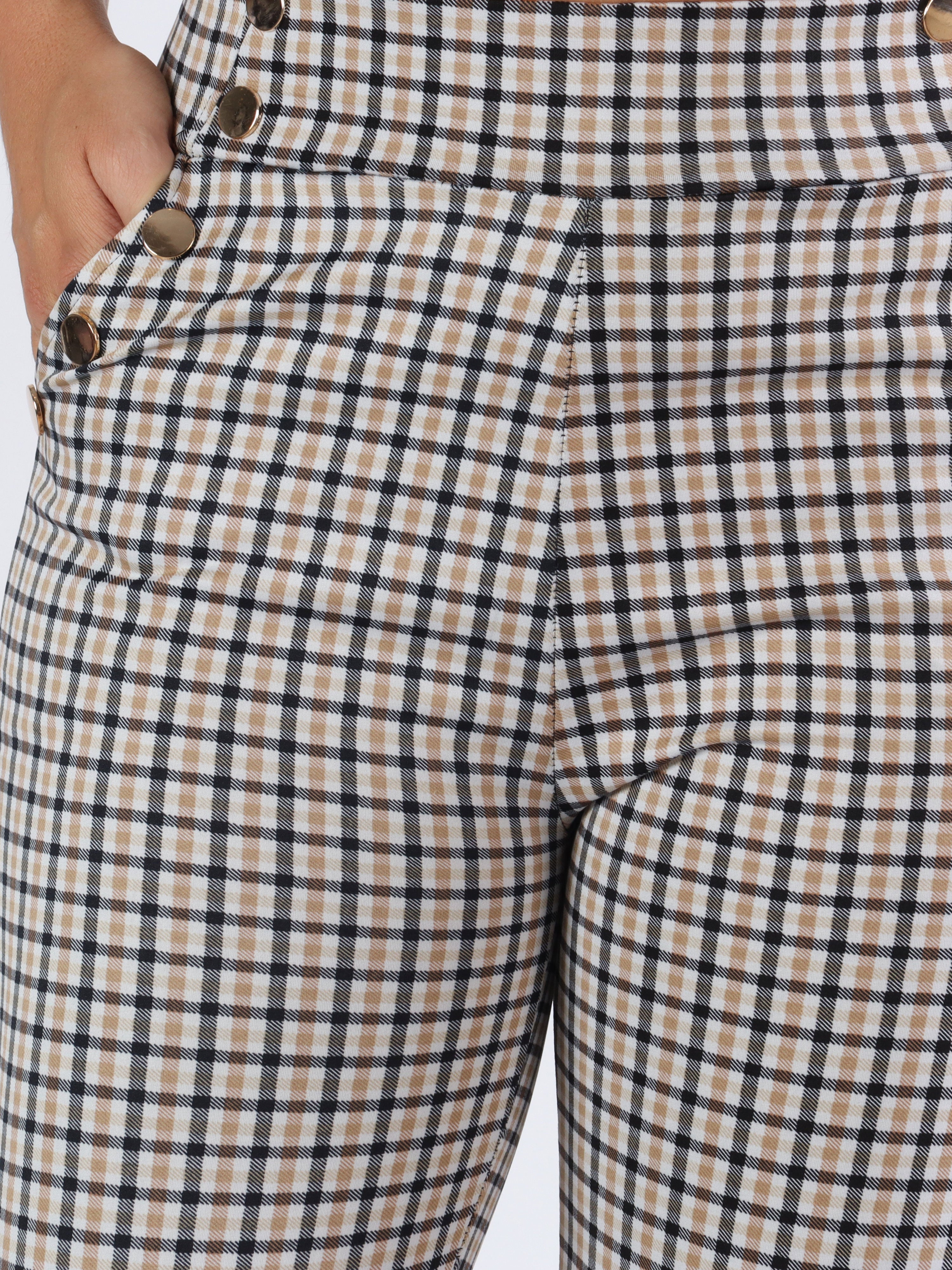 Selena - Rutiga elastiska byxor med guldknappar - Red